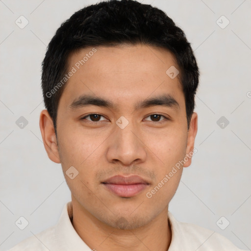 Neutral asian young-adult male with short  brown hair and brown eyes