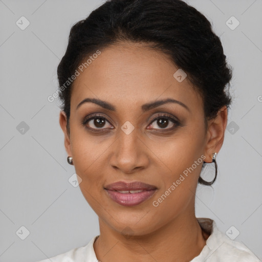 Joyful latino young-adult female with short  brown hair and brown eyes