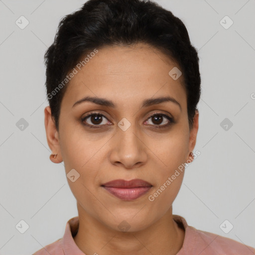 Joyful latino young-adult female with short  brown hair and brown eyes