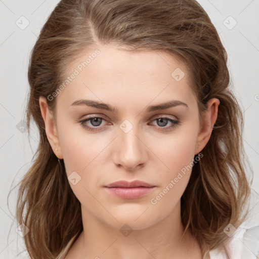 Neutral white young-adult female with medium  brown hair and grey eyes