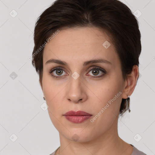 Neutral white young-adult female with short  brown hair and brown eyes