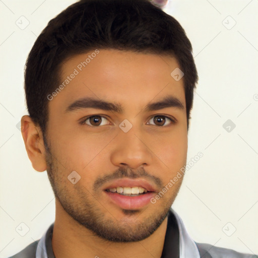 Neutral latino young-adult male with short  brown hair and brown eyes