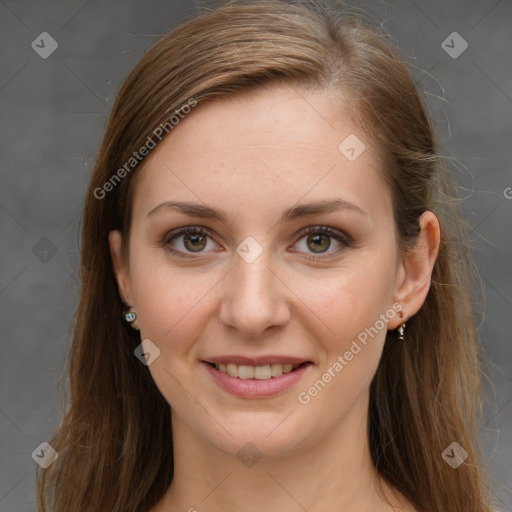 Joyful white young-adult female with long  brown hair and grey eyes