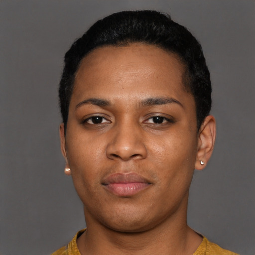 Neutral black young-adult female with short  black hair and brown eyes