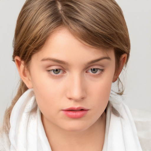 Neutral white young-adult female with medium  brown hair and grey eyes