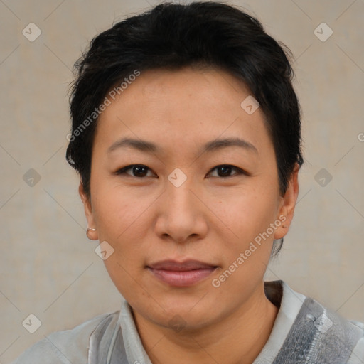 Joyful asian young-adult female with short  brown hair and brown eyes