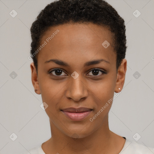 Joyful black young-adult female with short  black hair and brown eyes