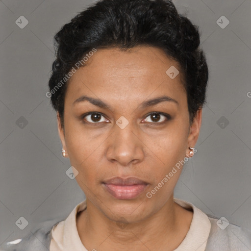 Neutral black young-adult female with short  black hair and brown eyes