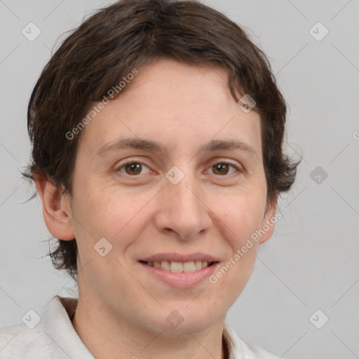 Joyful white adult female with medium  brown hair and brown eyes