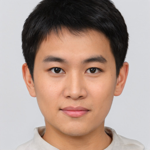 Neutral asian young-adult male with short  brown hair and brown eyes