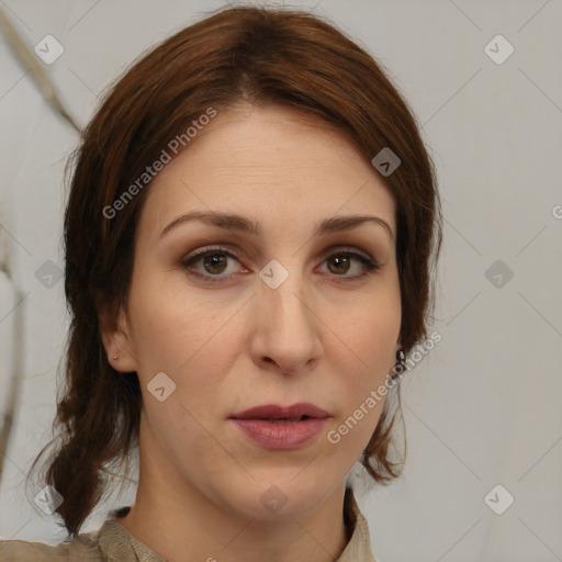 Neutral white young-adult female with medium  brown hair and brown eyes