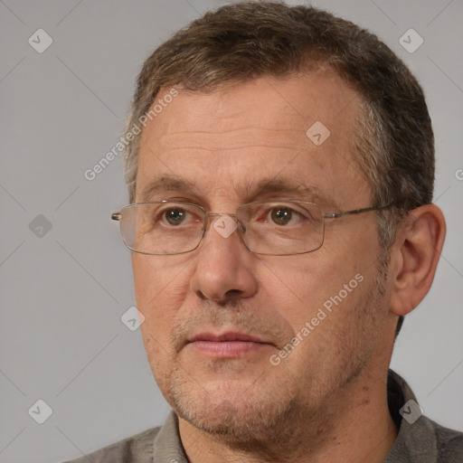 Neutral white middle-aged male with short  brown hair and brown eyes