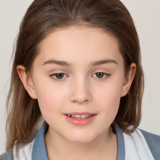 Joyful white child female with medium  brown hair and brown eyes