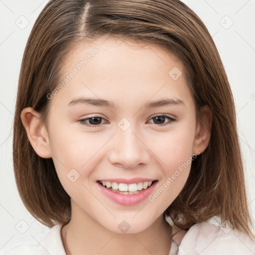 Joyful white child female with medium  brown hair and brown eyes