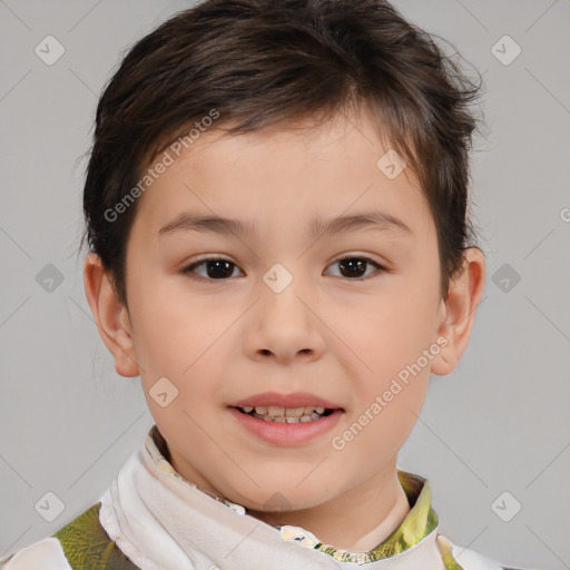 Joyful white child male with short  brown hair and brown eyes