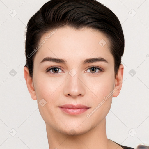 Joyful white young-adult female with short  brown hair and brown eyes