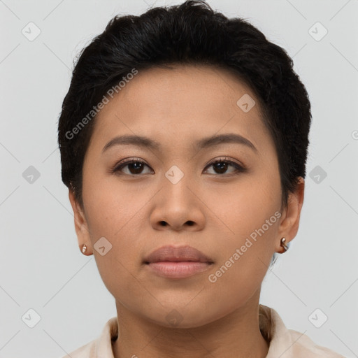 Neutral asian young-adult female with short  brown hair and brown eyes