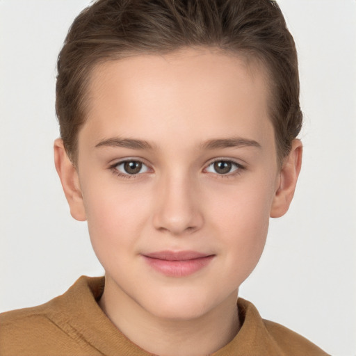 Joyful white child female with short  brown hair and brown eyes