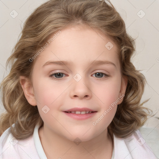 Joyful white child female with medium  brown hair and brown eyes