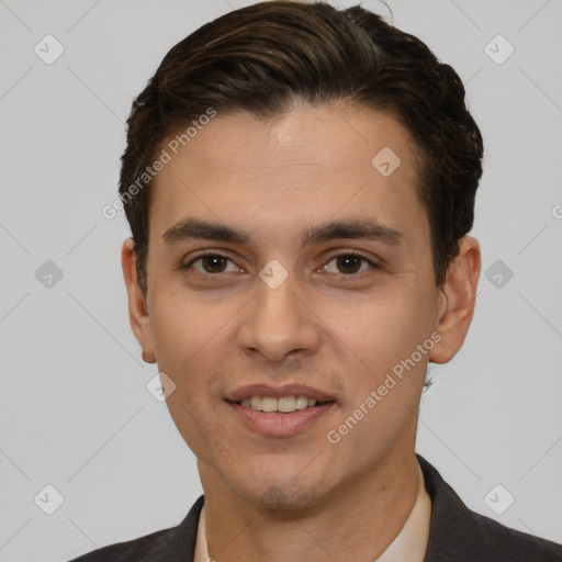 Joyful white young-adult male with short  brown hair and brown eyes