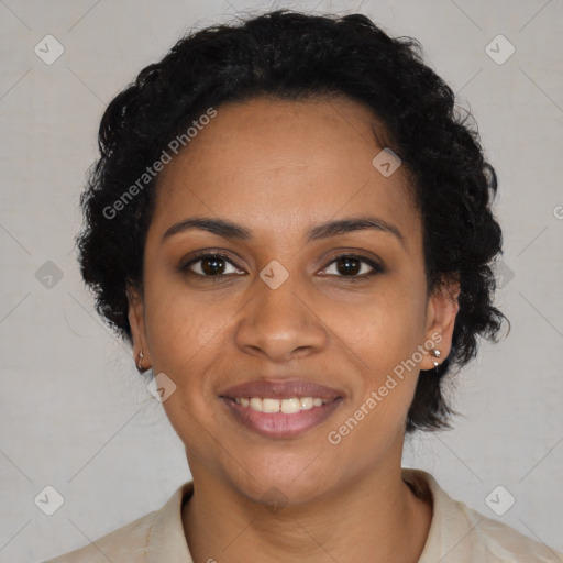 Joyful black young-adult female with medium  brown hair and brown eyes