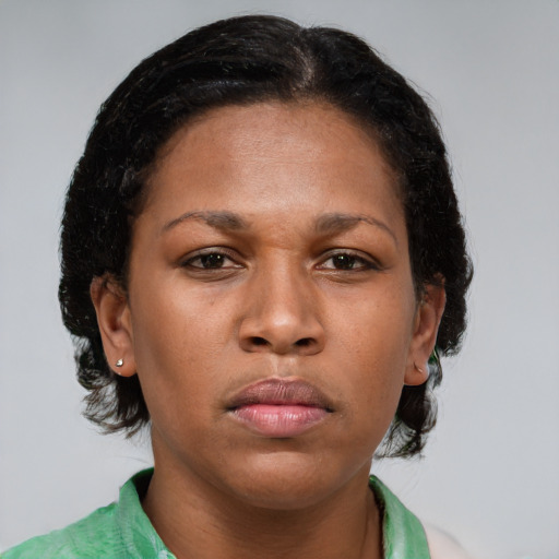 Neutral latino young-adult female with medium  brown hair and brown eyes