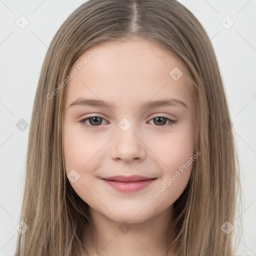 Joyful white child female with long  brown hair and brown eyes