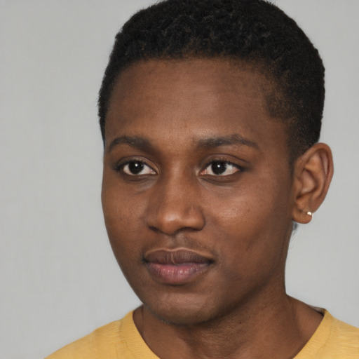Neutral black young-adult male with short  black hair and brown eyes