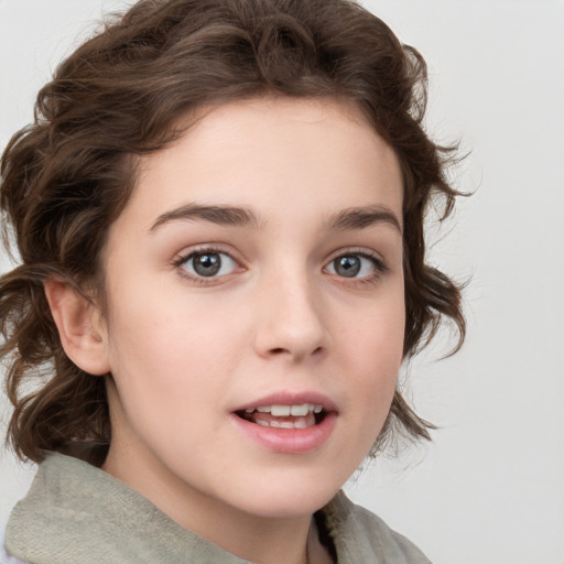 Joyful white child female with medium  brown hair and brown eyes