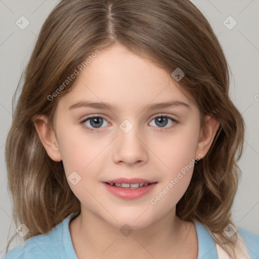 Joyful white child female with medium  brown hair and brown eyes