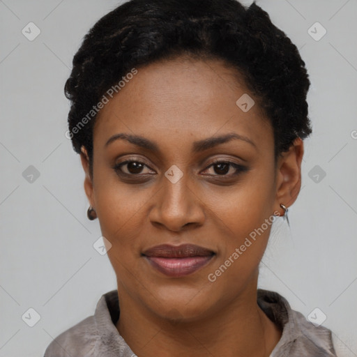 Joyful latino young-adult female with short  black hair and brown eyes