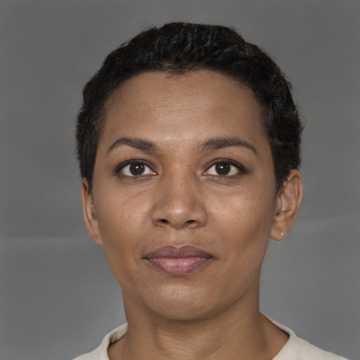 Neutral black young-adult female with short  black hair and brown eyes