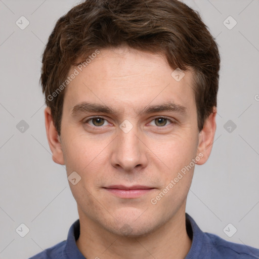 Neutral white young-adult male with short  brown hair and grey eyes