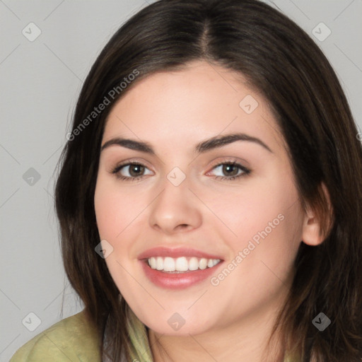 Joyful white young-adult female with medium  brown hair and brown eyes