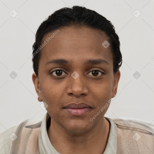 Neutral black young-adult female with short  black hair and brown eyes