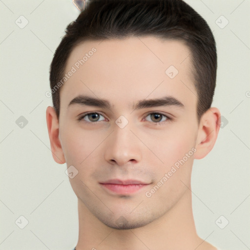 Neutral white young-adult male with short  brown hair and brown eyes