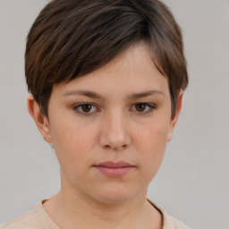 Neutral white young-adult female with short  brown hair and brown eyes