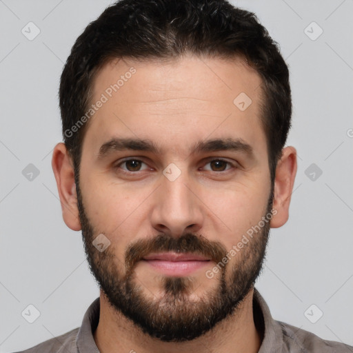 Neutral white young-adult male with short  brown hair and brown eyes