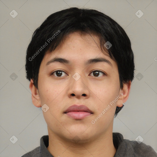 Neutral asian young-adult female with short  black hair and brown eyes