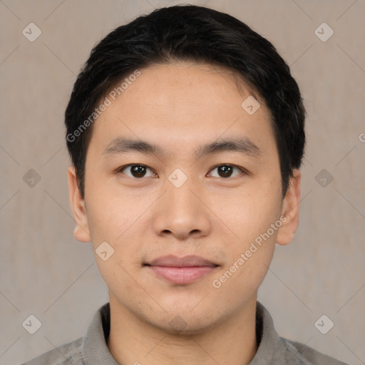 Neutral asian young-adult male with short  brown hair and brown eyes