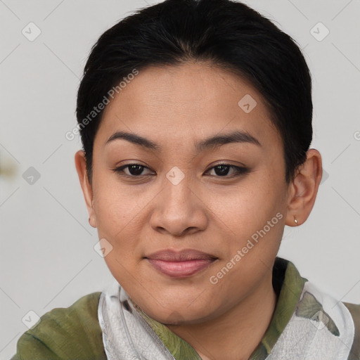 Joyful asian young-adult female with short  brown hair and brown eyes
