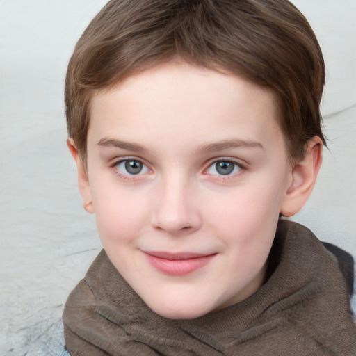 Joyful white child female with short  brown hair and grey eyes