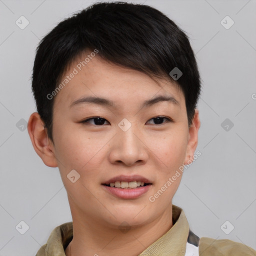 Joyful asian young-adult female with short  brown hair and brown eyes