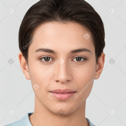 Joyful white young-adult female with short  brown hair and brown eyes