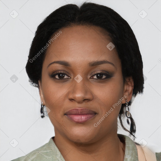 Joyful black young-adult female with medium  black hair and brown eyes