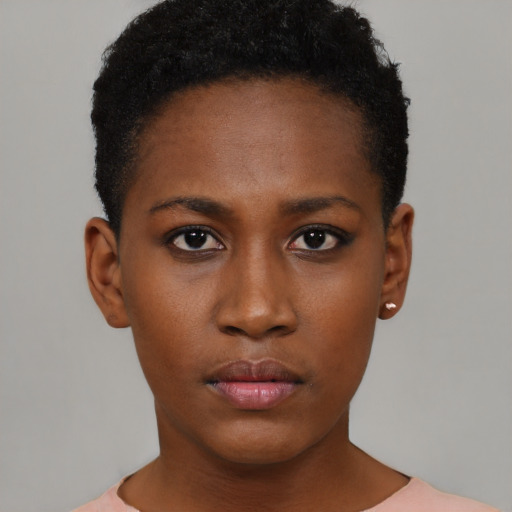 Neutral black young-adult female with short  black hair and brown eyes