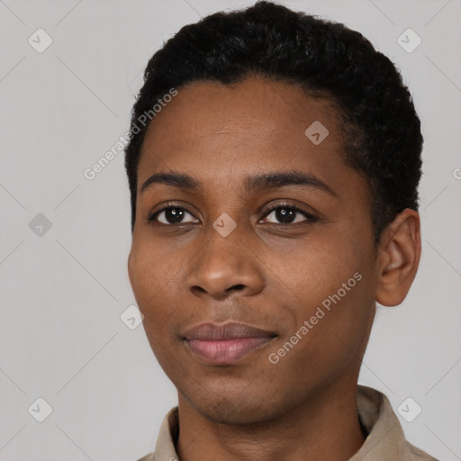 Joyful black young-adult female with short  black hair and brown eyes