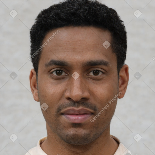Neutral latino young-adult male with short  black hair and brown eyes