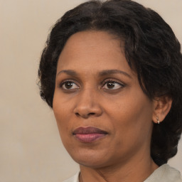 Joyful black adult female with medium  brown hair and brown eyes