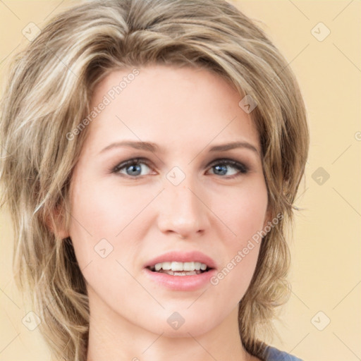 Joyful white young-adult female with medium  brown hair and green eyes